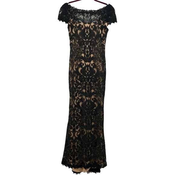Tadashi Shoji Black Lace Boat Neck Cap Sleeve Full Length Evening Gown Women’s 2 - Picture 9 of 12